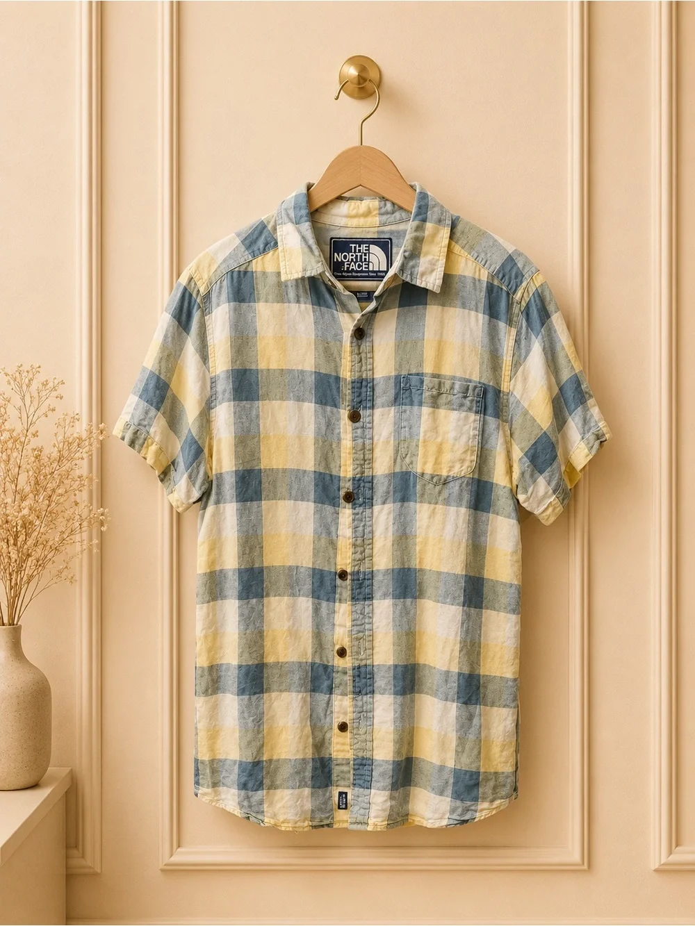 The North Face Yellow and Blue Plaid Short-Sleeve Button-Down Shirt